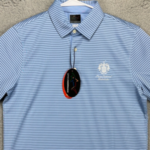 Greg Norman Trumph National Golf Polo Shirt Men Small Blue Stripe Rugby Logo NEW